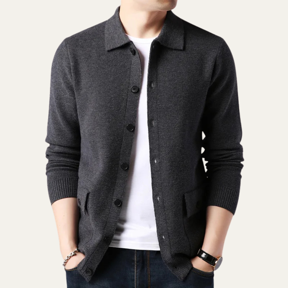 The Skye Men’s Knit Button Front Cardigan with Turn Down Collar
