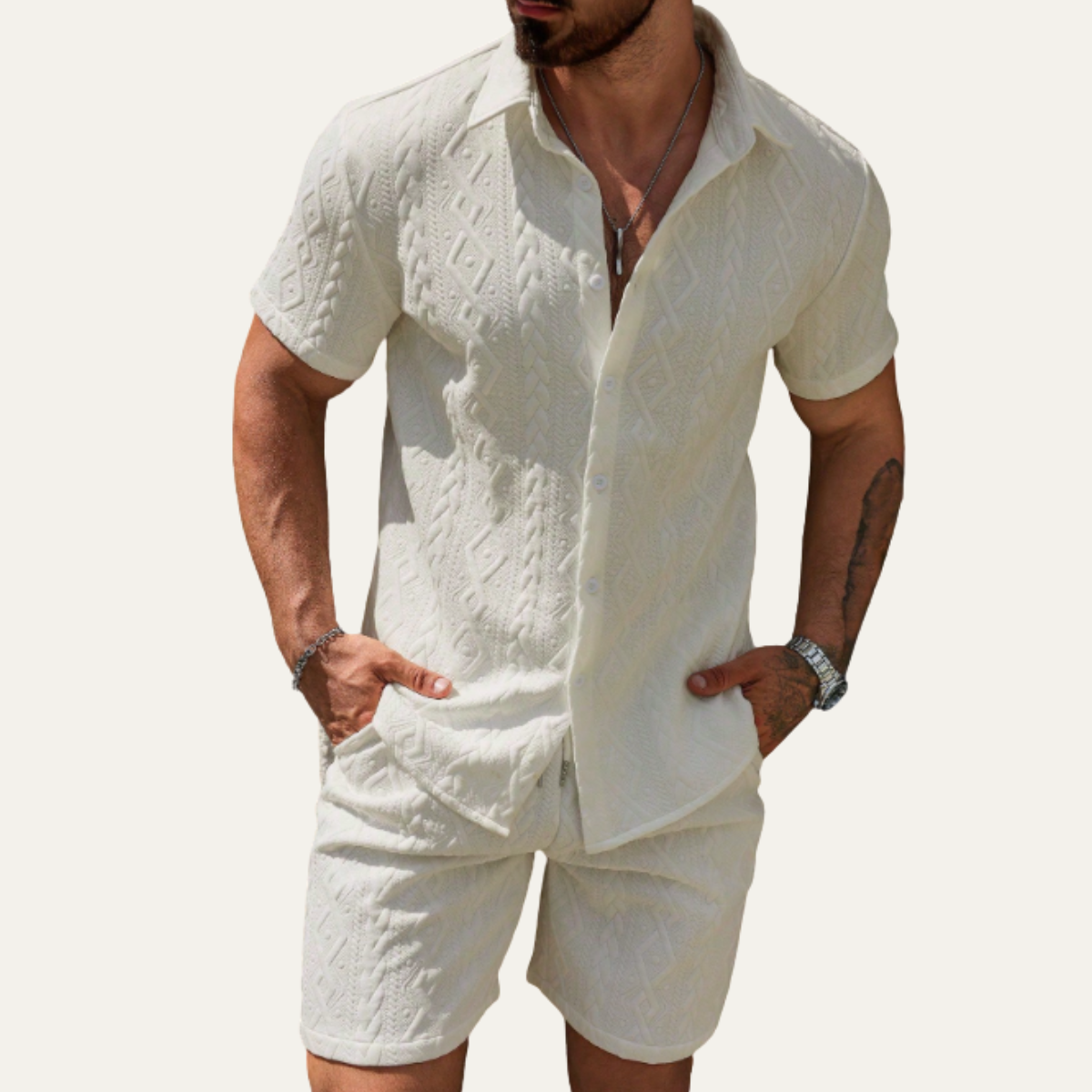 The Meadowridge Men’s Textured Summer Co Ord Set Shirt & Shorts