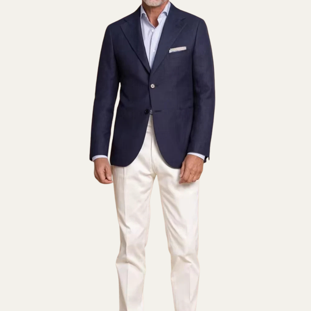 The Bellano Men’s Navy Blue Blazer Suit Set – Two Piece Notch Lapel Slim Fit Blazer with White Pants