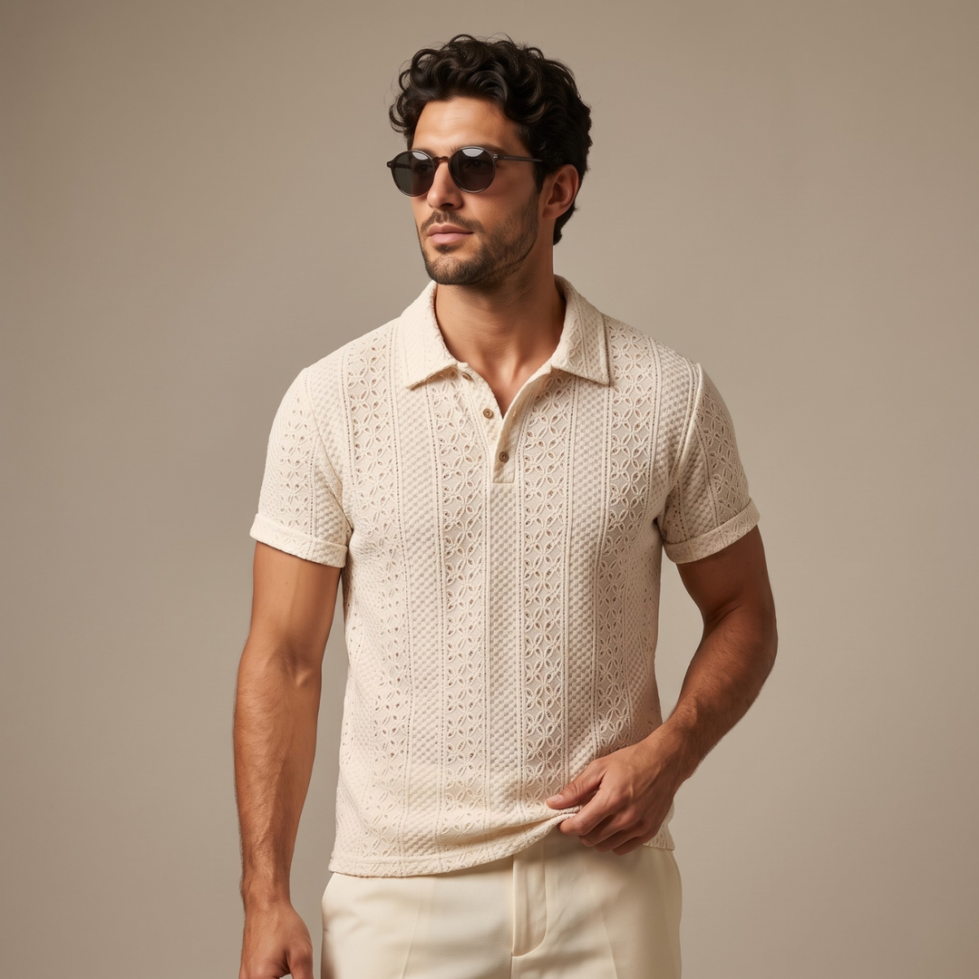 The Havencrest Men’s Jacquard Textured Casual Knitted Polo Shirt