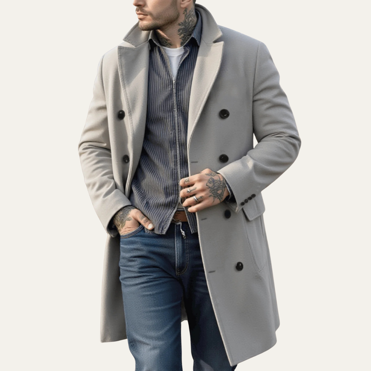 The Arezzo Men's Trendy Wool Double Breasted Long Coat
