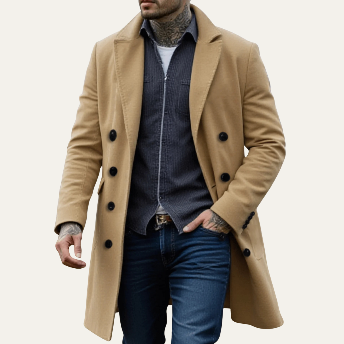 The Arezzo Men's Trendy Wool Double Breasted Long Coat