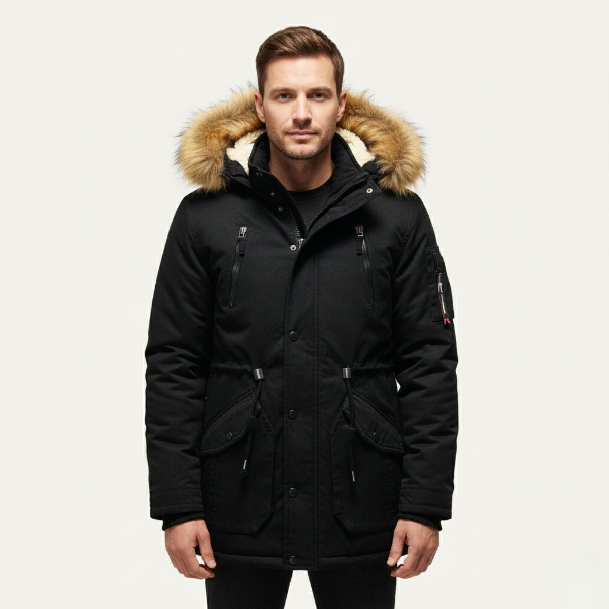 The Lipari Men's Long Down Hooded Jacket with Fur Collar
