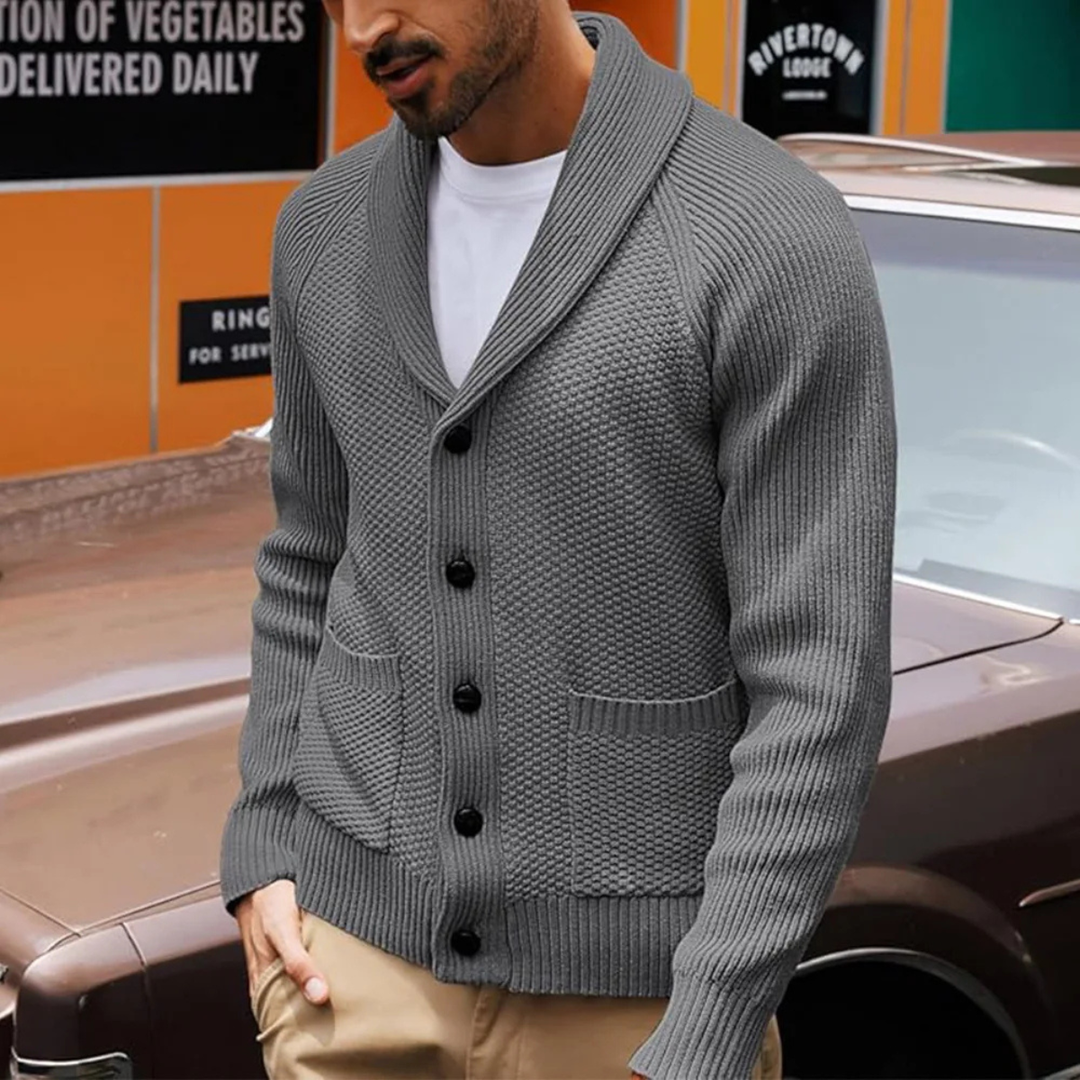The Normandy Men’s Shawl Collar Knit Cardigan with Front Pockets