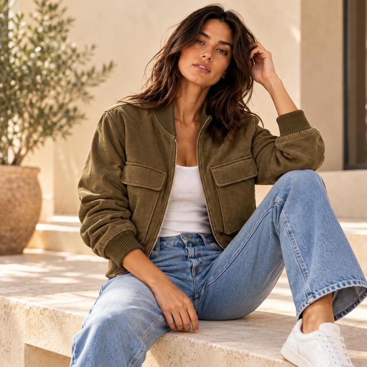 Women's Cropped Suede Bomber Jacket in Dark Brown
