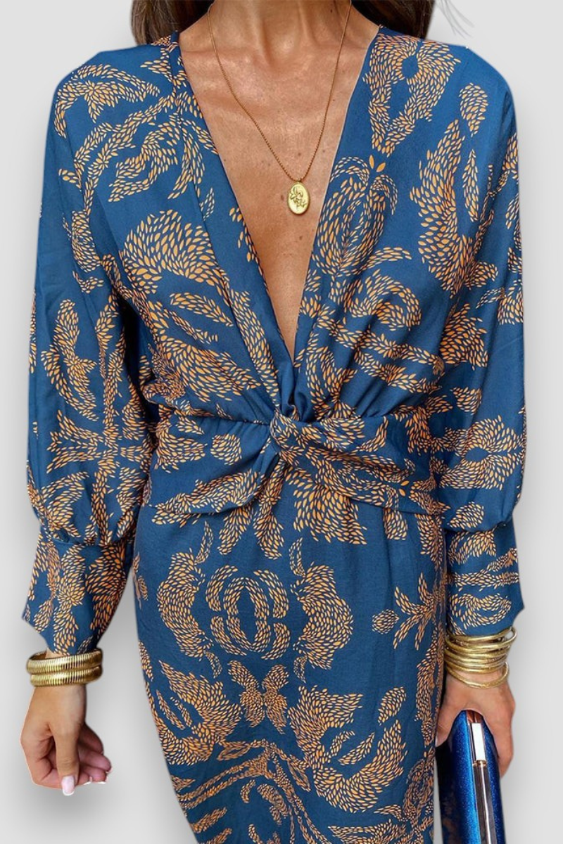 Women's Floral Midi Dress with Twist Waist