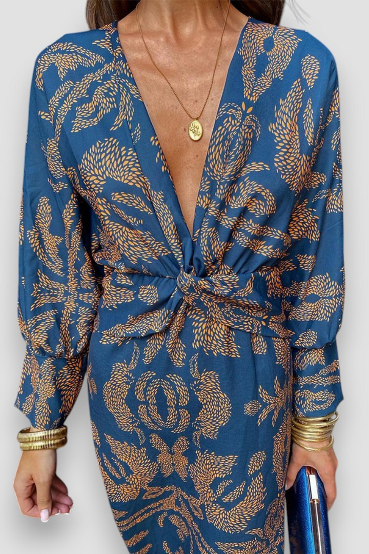 Women's Floral Midi Dress with Twist Waist