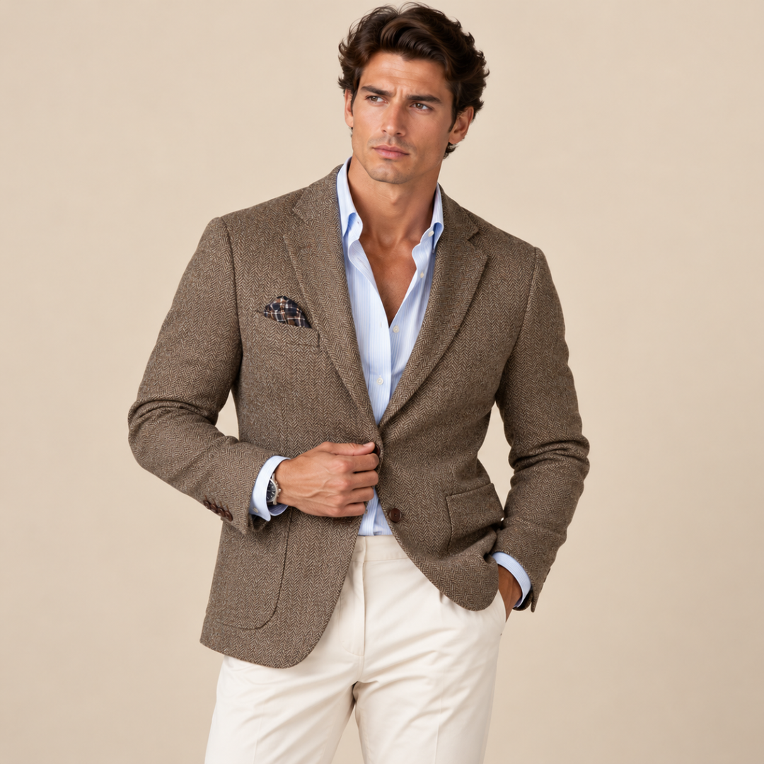 The Gravedona Men’s Office Herringbone Single Breasted Wool Tweed Blazer Jacket
