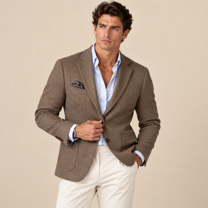 The Gravedona Men’s Office Herringbone Single Breasted Wool Tweed Blazer Jacket