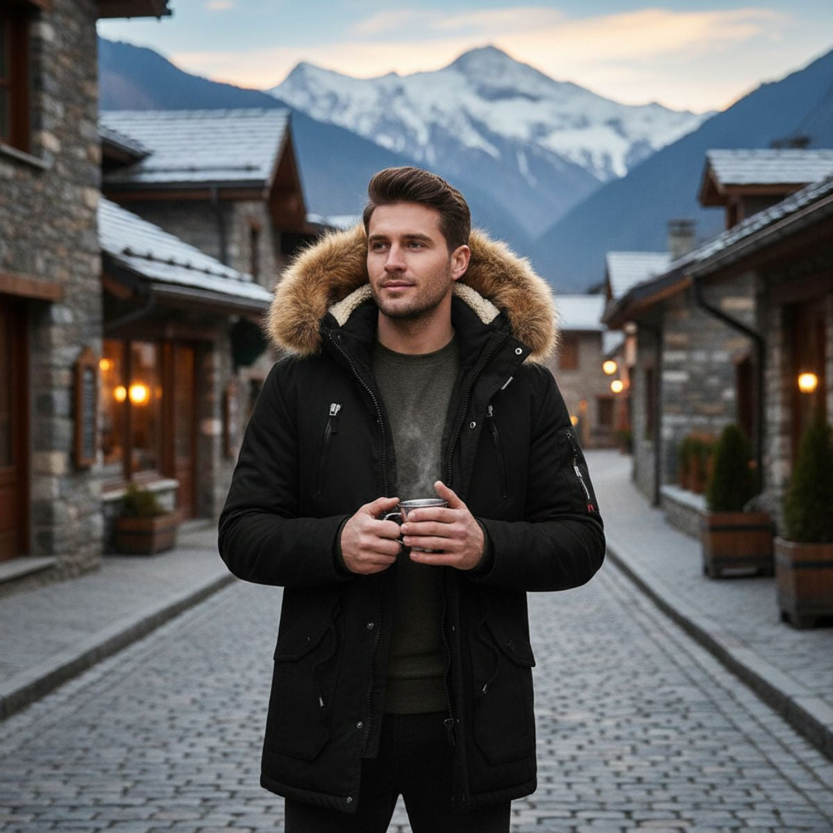 The Lipari Men's Long Down Hooded Jacket with Fur Collar
