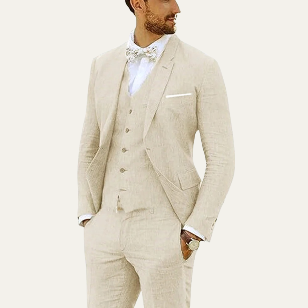 The Catanzaro Men’s Luxury Linen 3 Piece Suit – Slim Fit Jacket Vest Pants