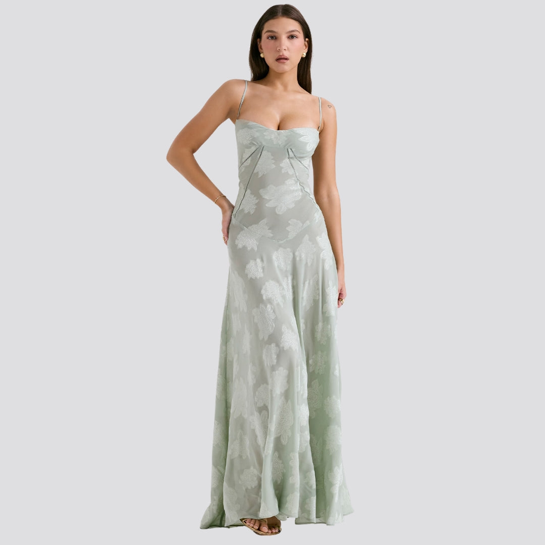 Women's Satin Maxi Dress with Corset Bodice