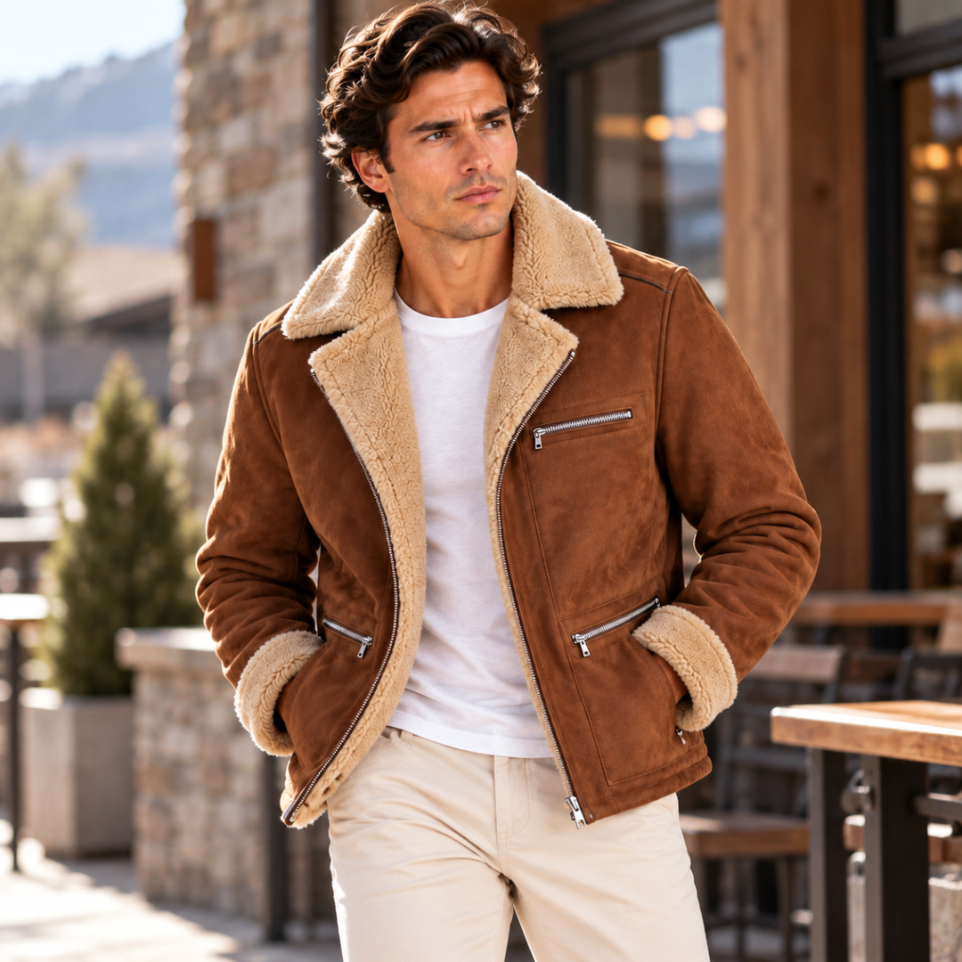 Men's Sherpa Lined Suede Jacket Brown