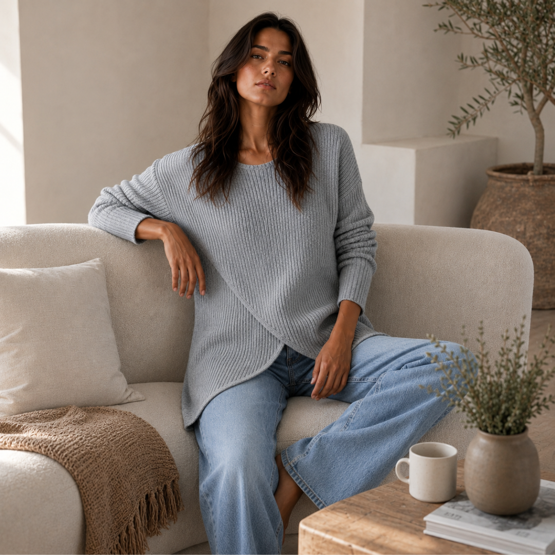 Women's Ribbed Sweater with Asymmetrical Slit Hem