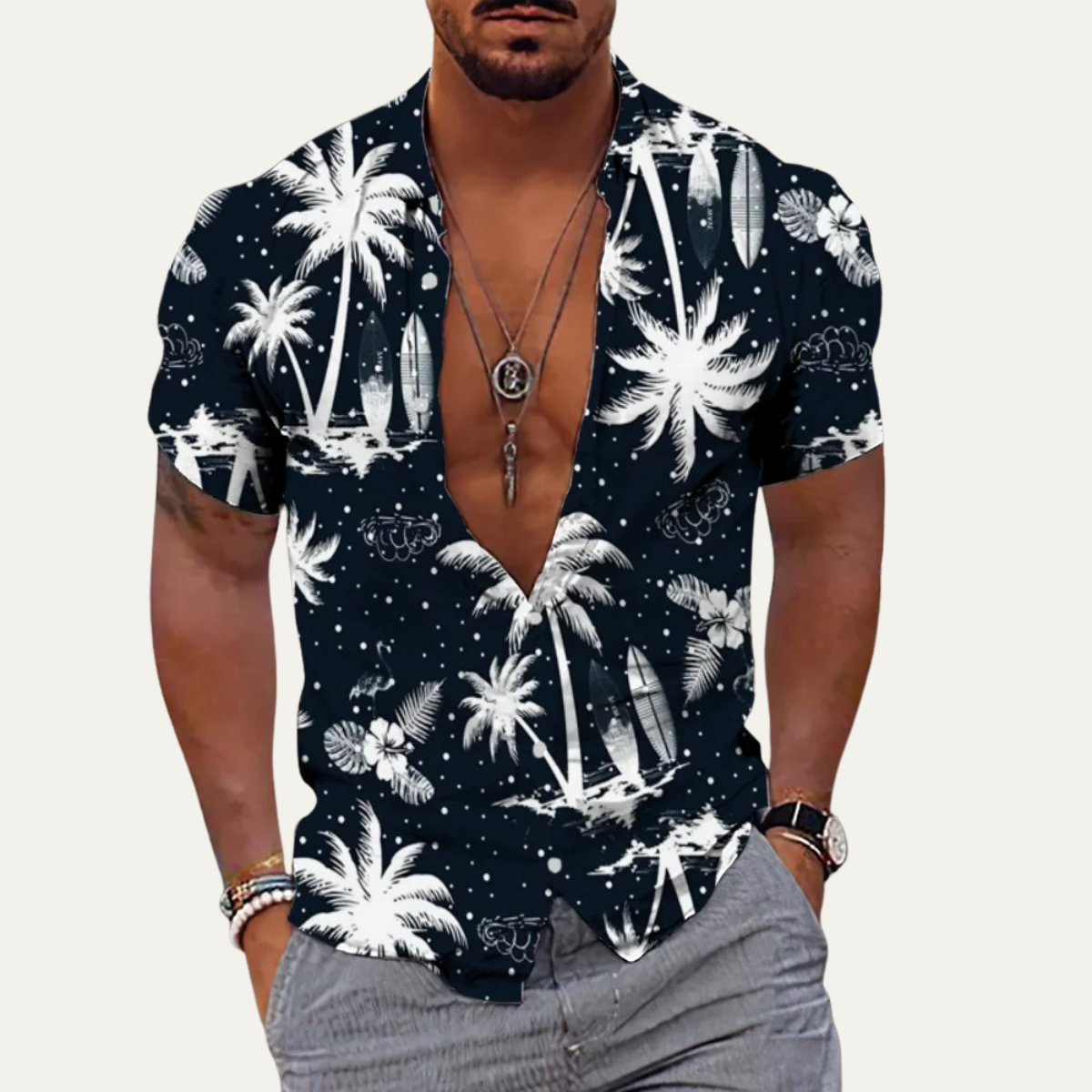 The Cedarforest Men’s Casual Tropical Coconut Print Hawaiian Beach Shirt