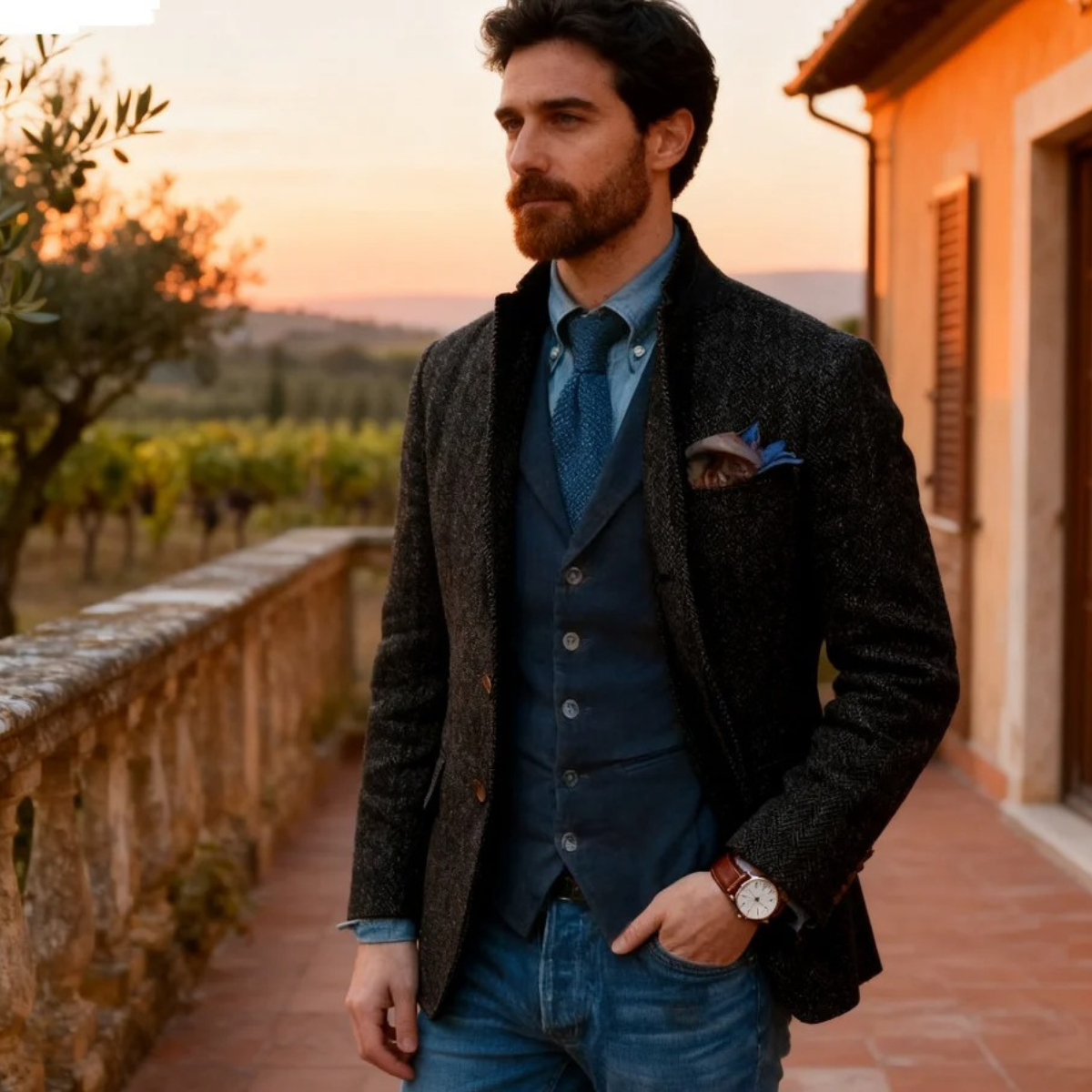 The Testaccio Men’s Single Breasted Wool Tweed Herringbone Blazer – Black