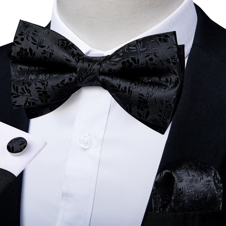 The Ashbury Men’s Bow Tie with Pocket Square & Cufflinks Set – Black Silk