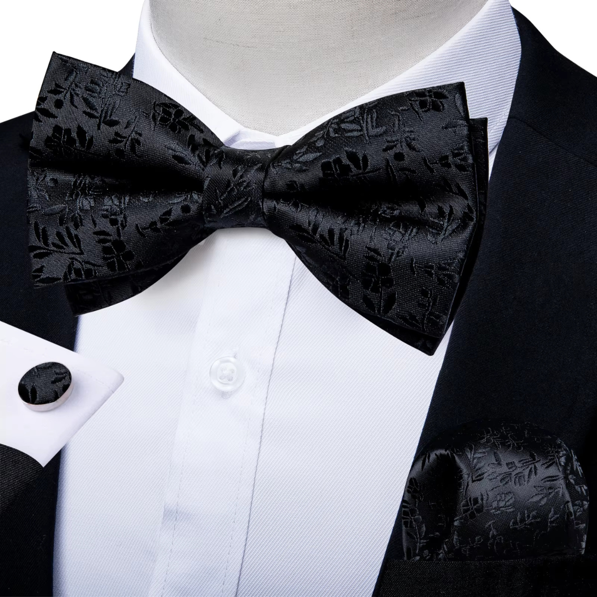 The Ashbury Men’s Bow Tie with Pocket Square & Cufflinks Set – Black Silk