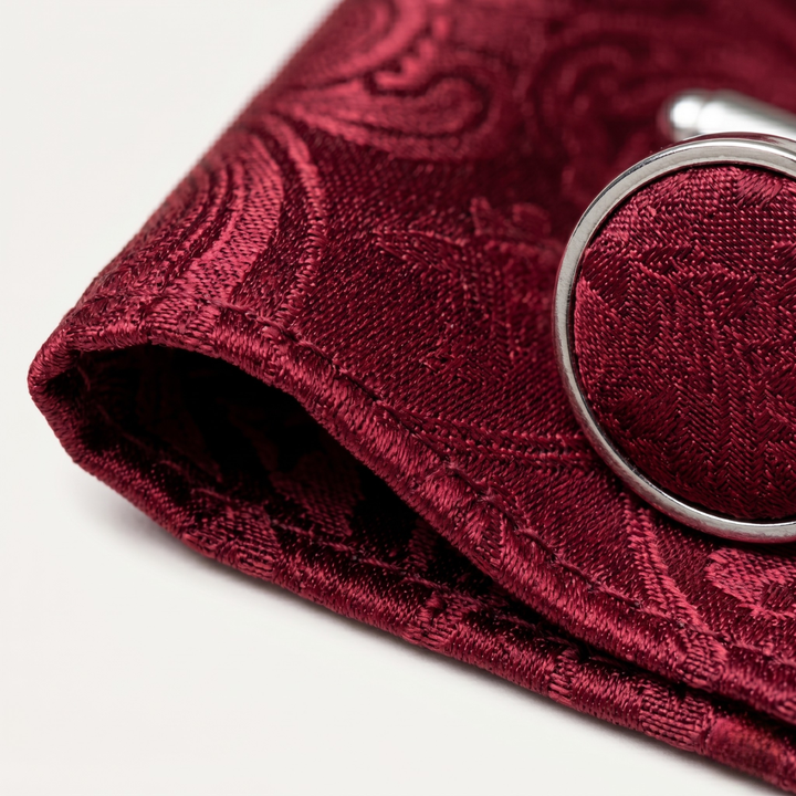 The Ashbury Men’s Bow Tie with Pocket Square & Cufflinks Set – Burgundy Paisley