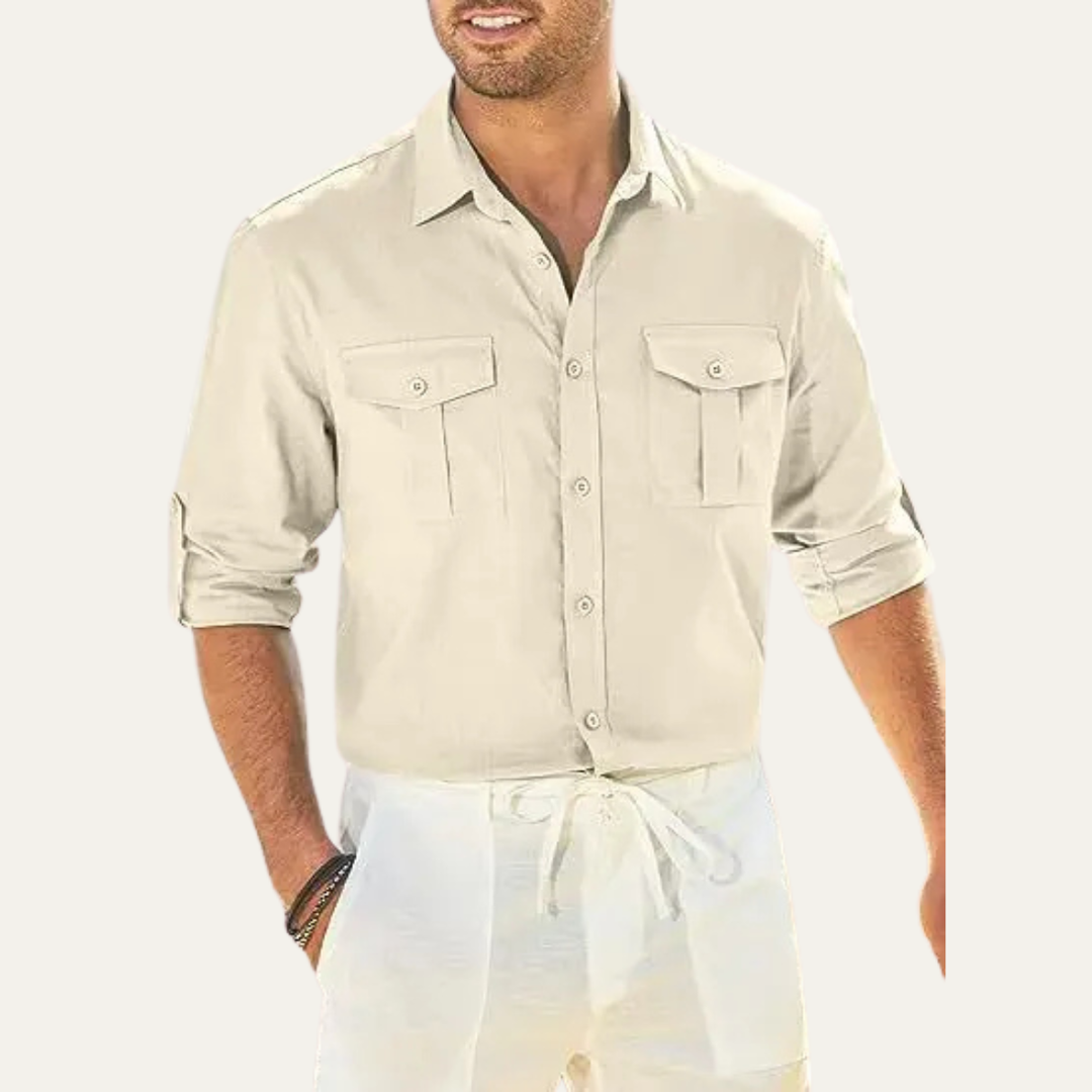 The Riccione Men’s Cotton Linen Double Pocket Button Up Cargo Shirt
