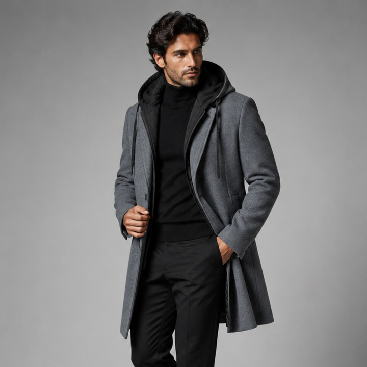The Arundel Men's Hooded Wool Overcoat with Quilted Lining