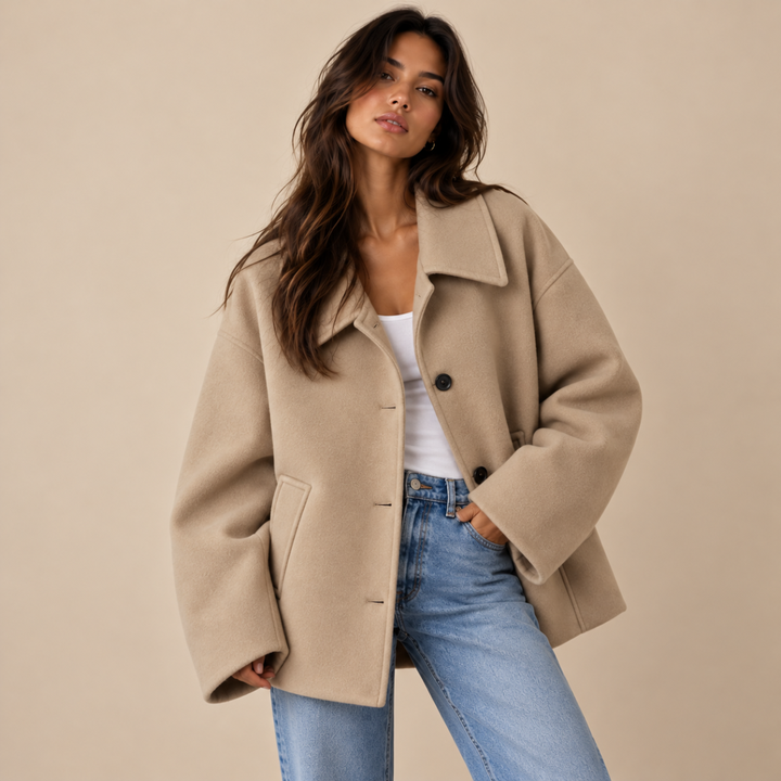 Women's Oversized Wool Blend Jacket – Casual Button Front Short Coat