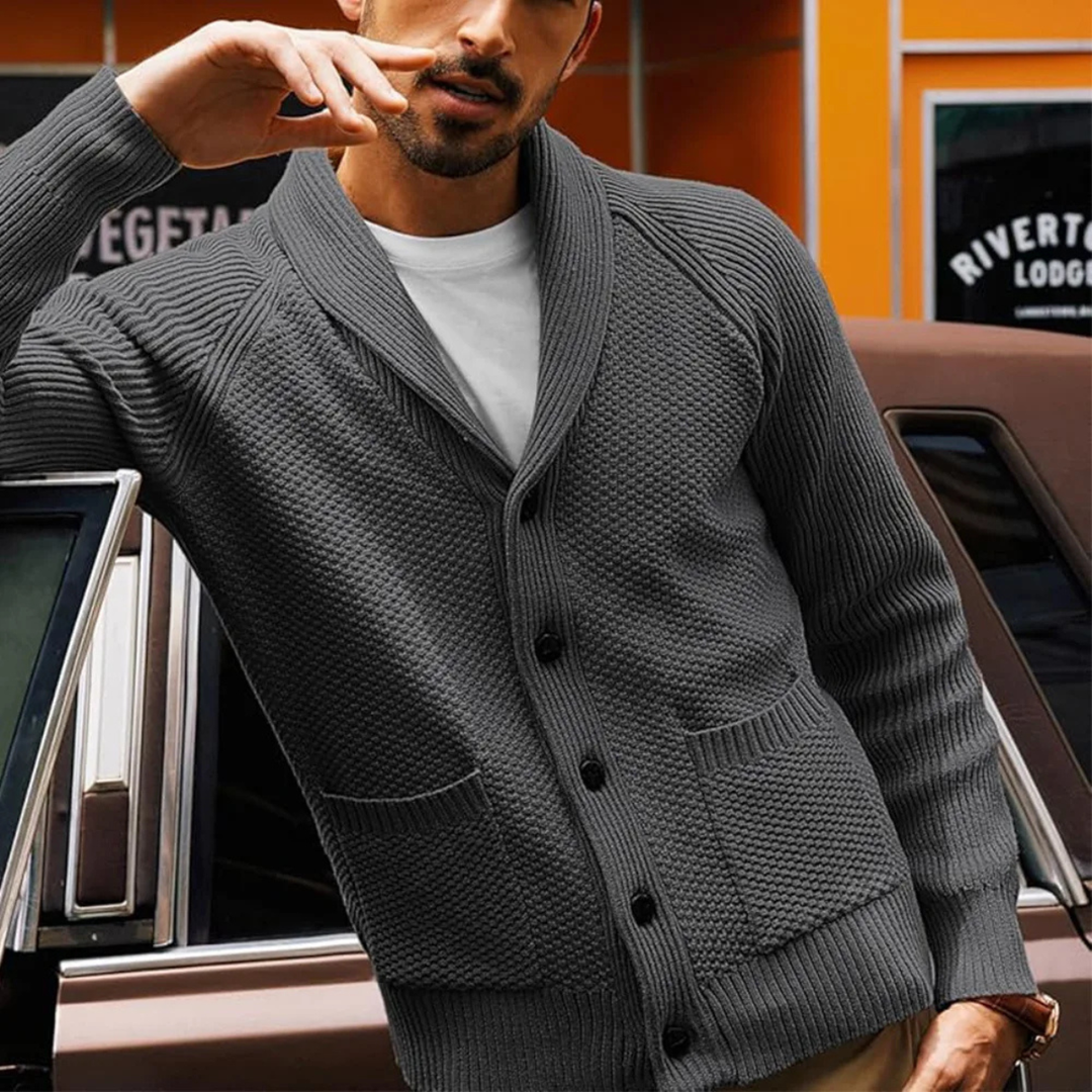 The Normandy Men’s Shawl Collar Knit Cardigan with Front Pockets