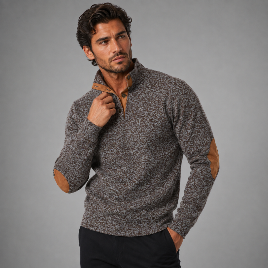 The Oakcrest Men's Stand Collar Fleece Sweater with Suede Elbow Patches