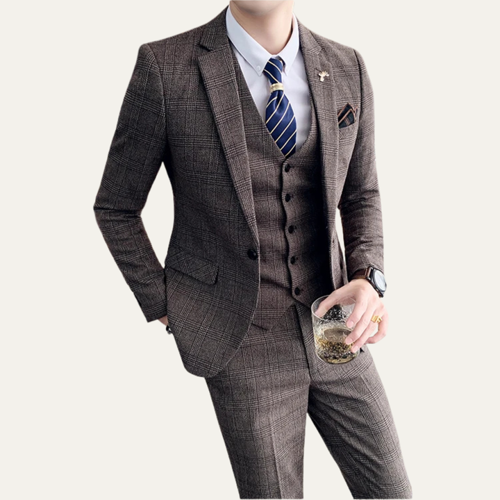 The Vigevano Men’s Plaid 3 Piece Suit – Blazer Vest and Pants Formal Set