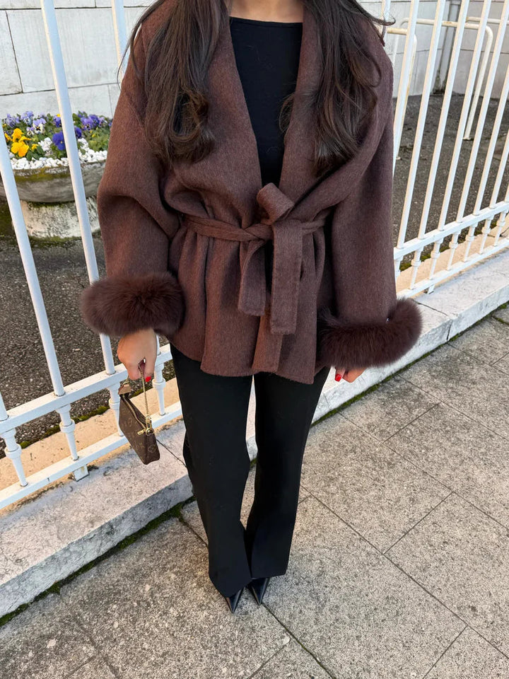 Women's Fur Cuff Wrap Coat – Elegant Belted Poncho Winter Jacket