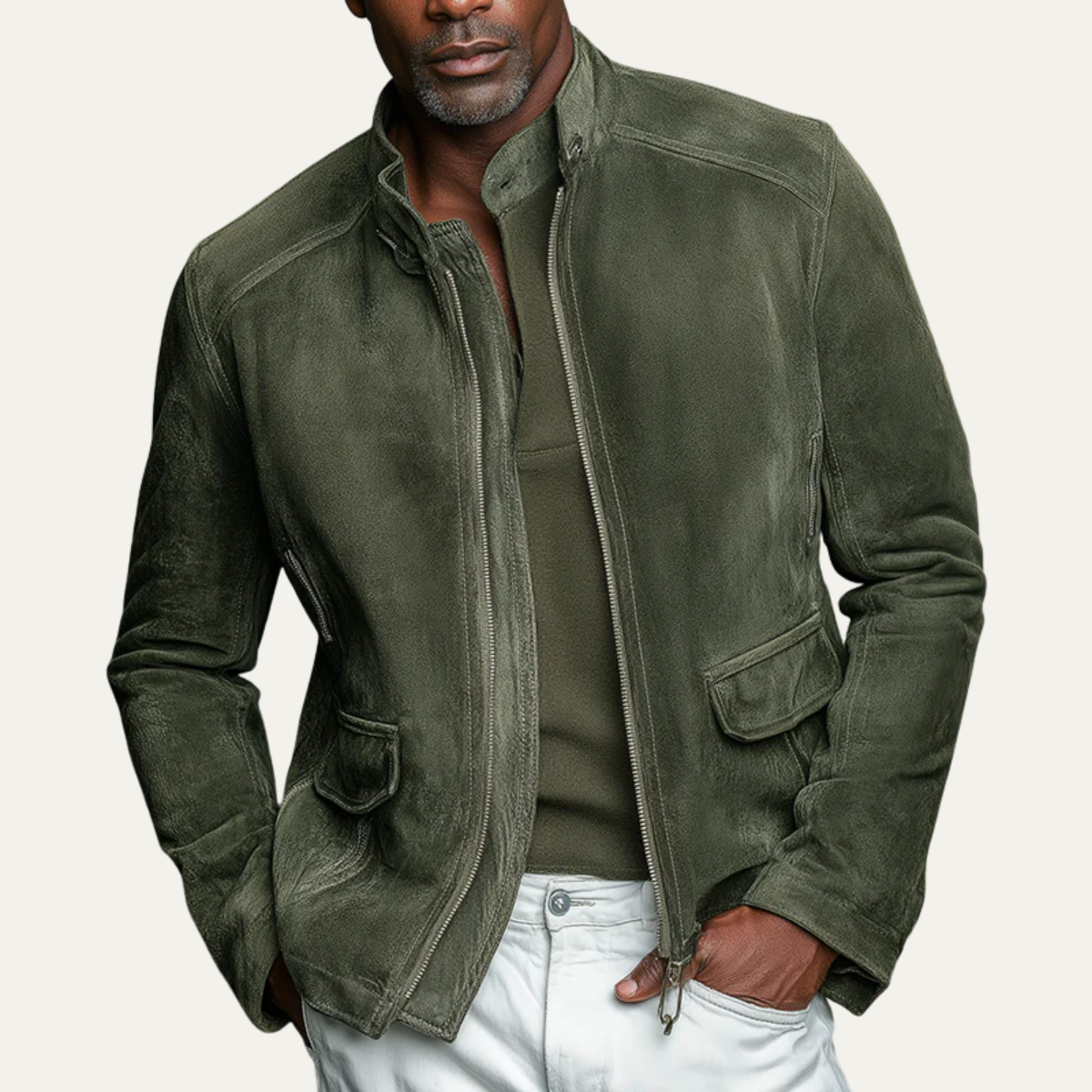 The Kensington Men’s Vintage Green Suede Bomber Jacket - Stand Collar