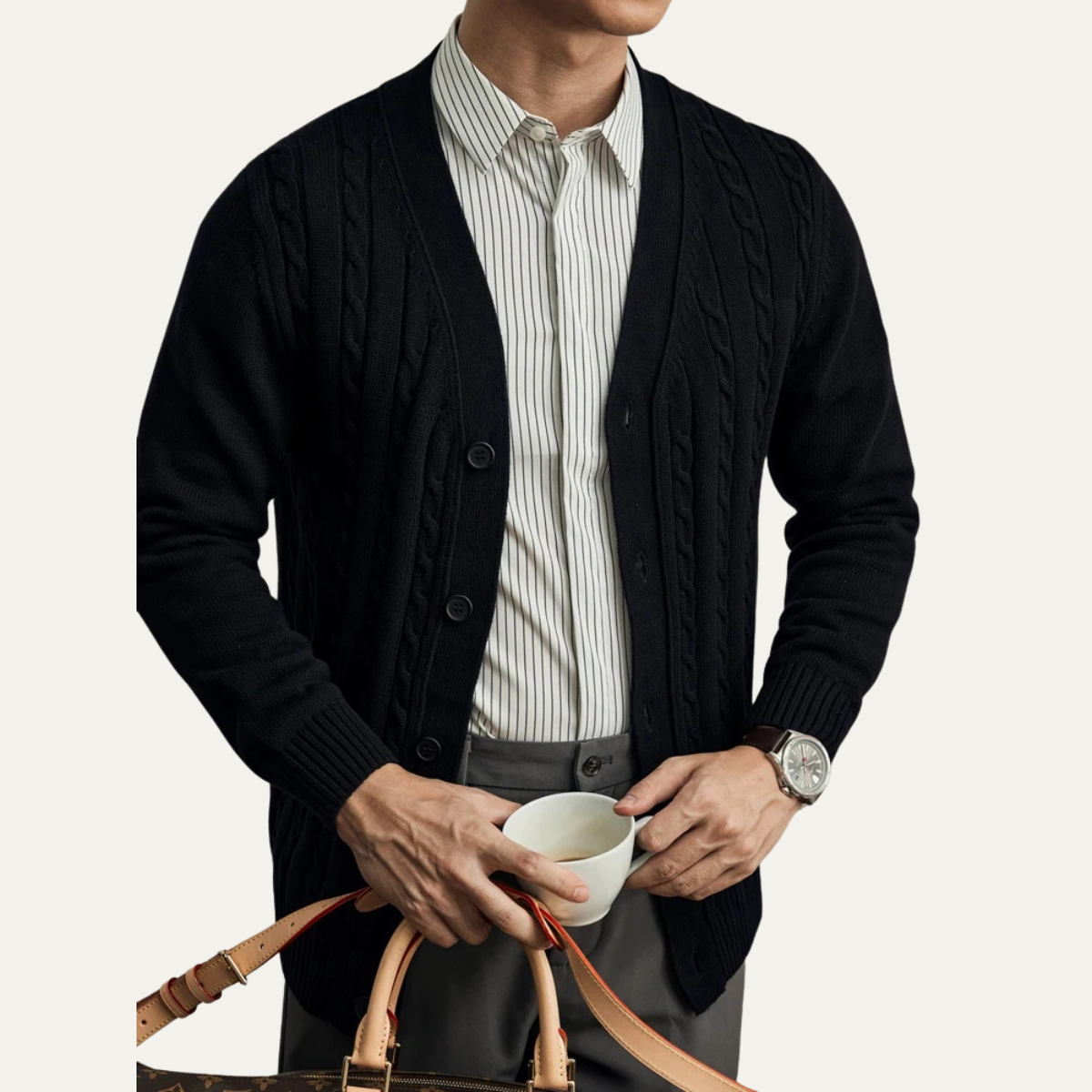 The Rochester Men's Classic Cable Knit Button Up Cardigan