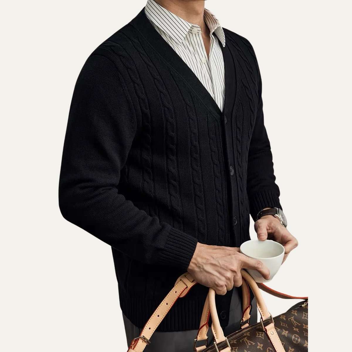 The Rochester Men's Classic Cable Knit Button Up Cardigan