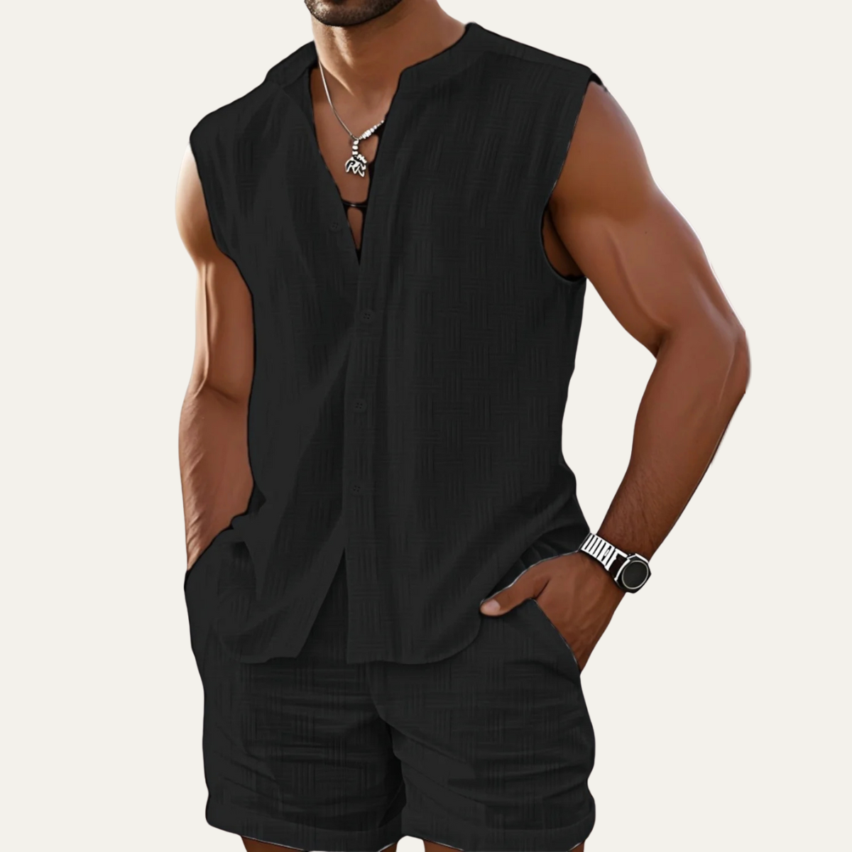 The Ironbridge Men’s Summer Sleeveless Button Up Shirt & Shorts Set