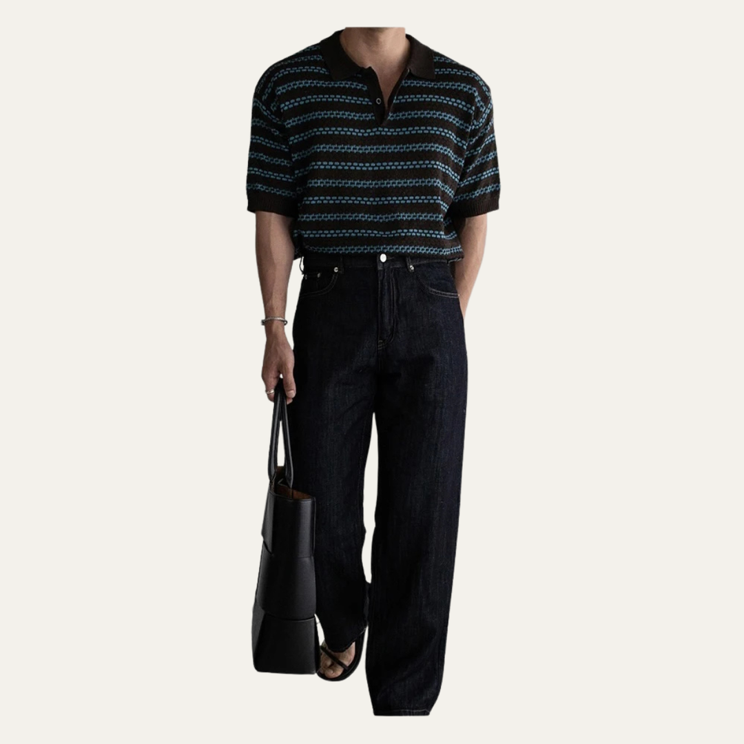 The Brunello Men’s Turn Down Collar Striped Knit Polo Shirt