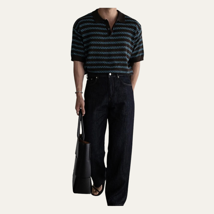 The Brunello Men’s Turn Down Collar Striped Knit Polo Shirt