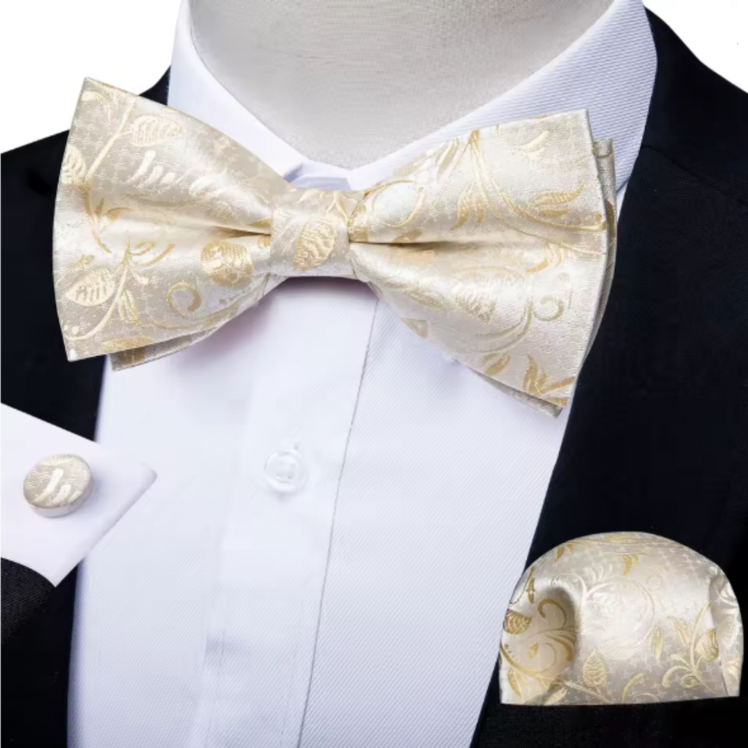 The Ashbury Men’s Bow Tie with Pocket Square & Cufflinks Set – Gold Paisley