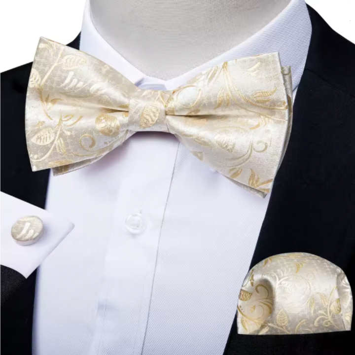 The Ashbury Men’s Bow Tie with Pocket Square & Cufflinks Set – Gold Paisley
