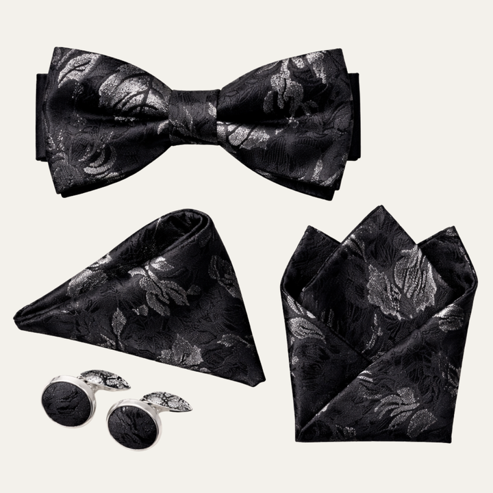 The Ashbury Men’s Bow Tie with Pocket Square & Cufflinks Set – Black Paisley