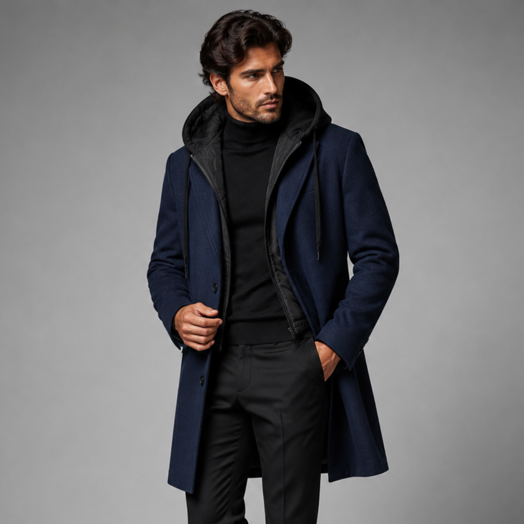 The Arundel Men's Hooded Wool Overcoat with Quilted Lining