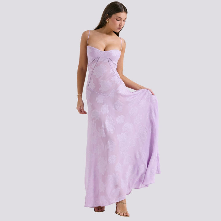 Women's Satin Maxi Dress with Corset Bodice