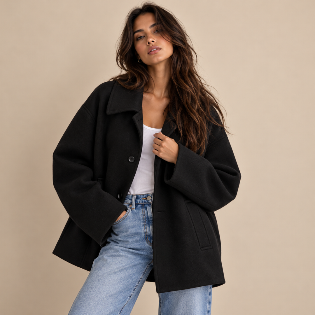 Women's Oversized Wool Blend Jacket – Casual Button Front Short Coat