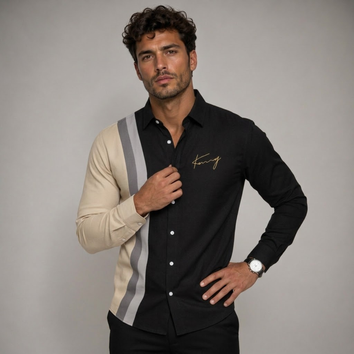 The Manarola Men’s Casual Color Block Striped Dress Shirt