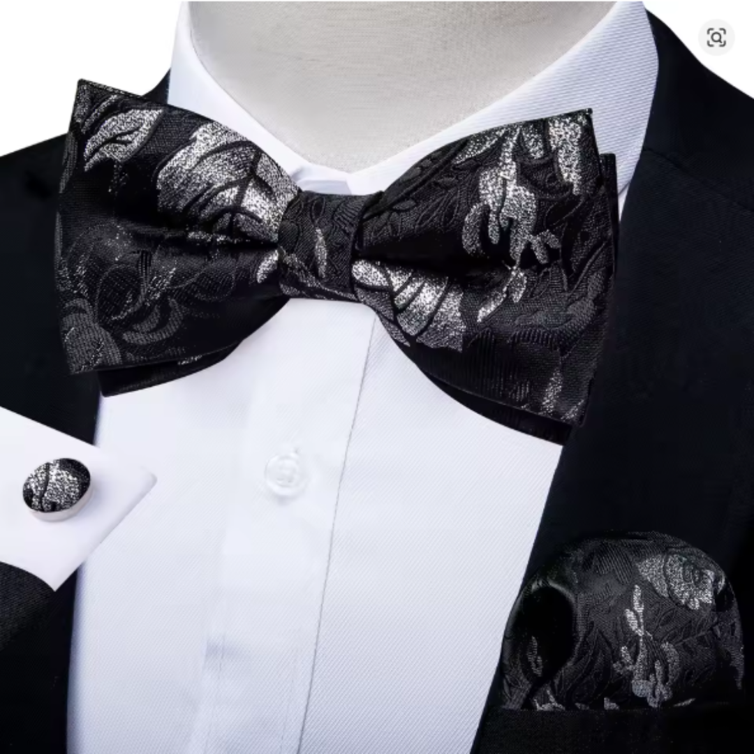 The Ashbury Men’s Bow Tie with Pocket Square & Cufflinks Set – Black Paisley