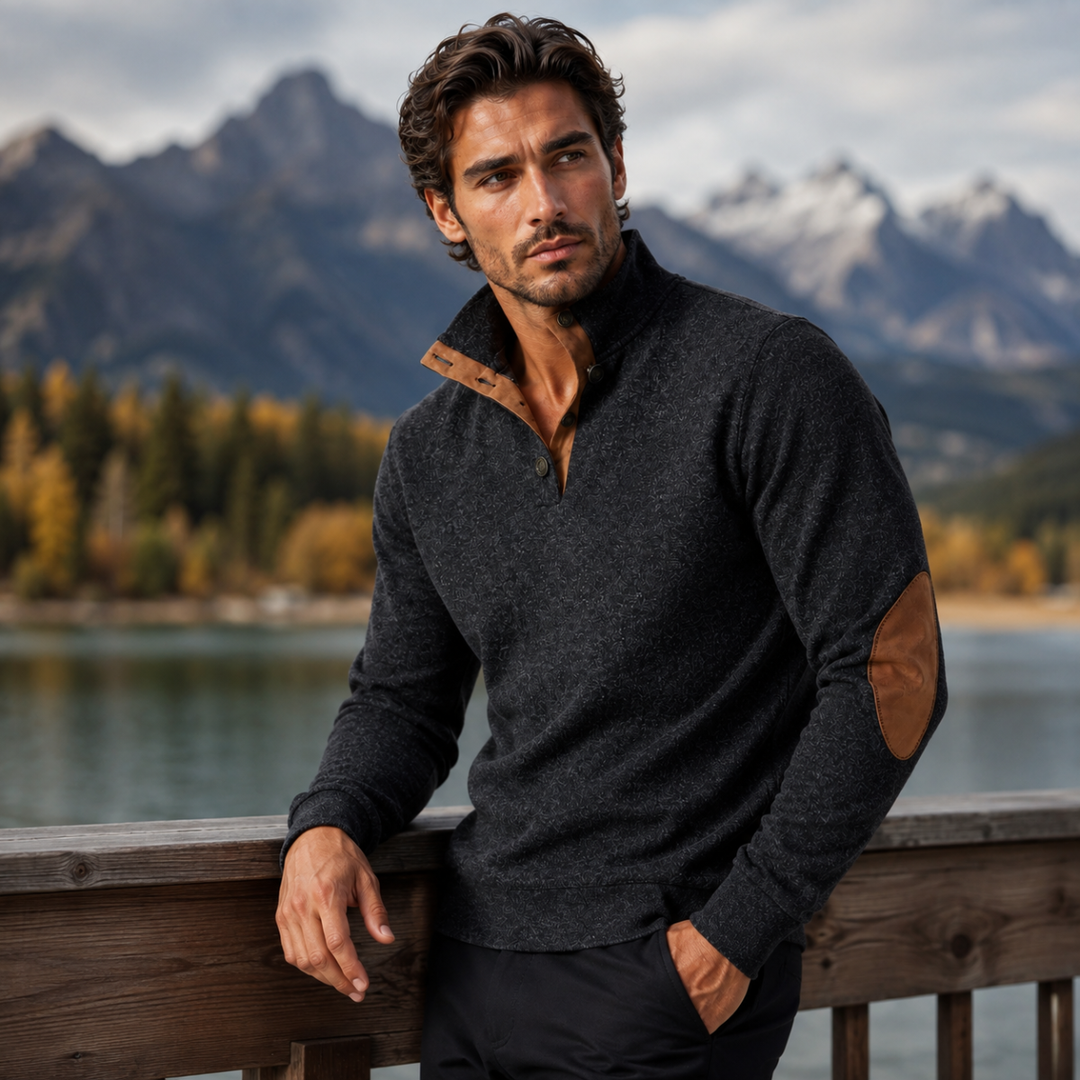 The Oakcrest Men's Stand Collar Fleece Sweater with Suede Elbow Patches