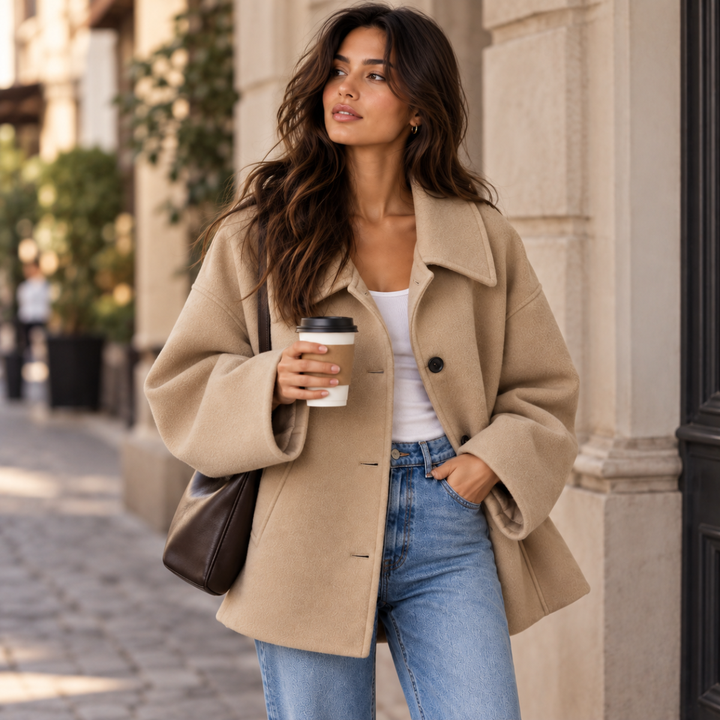 Women's Oversized Wool Blend Jacket – Casual Button Front Short Coat