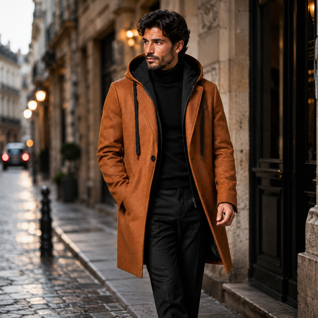 The Arundel Men's Hooded Wool Overcoat with Quilted Lining
