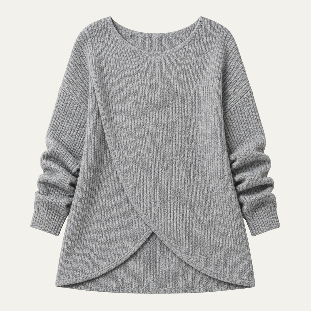 Women's Ribbed Sweater with Asymmetrical Slit Hem