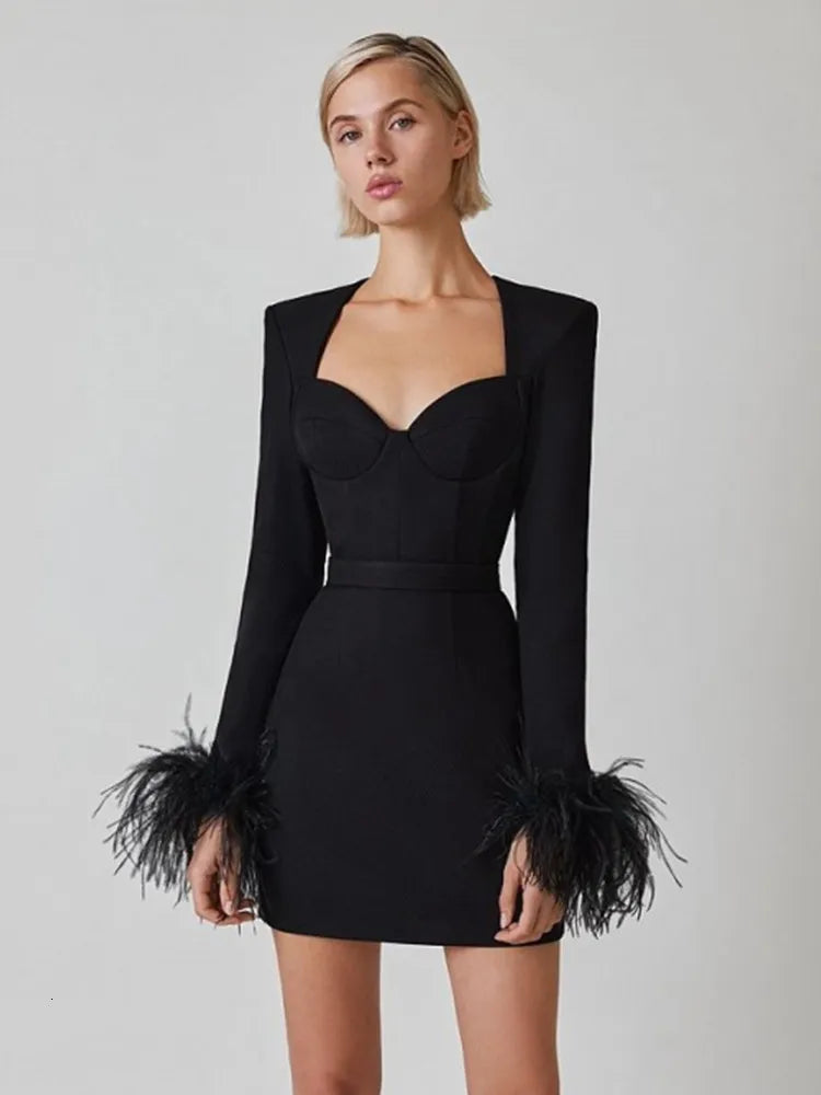 Women's Corset Mini Dress with Feather Cuffs