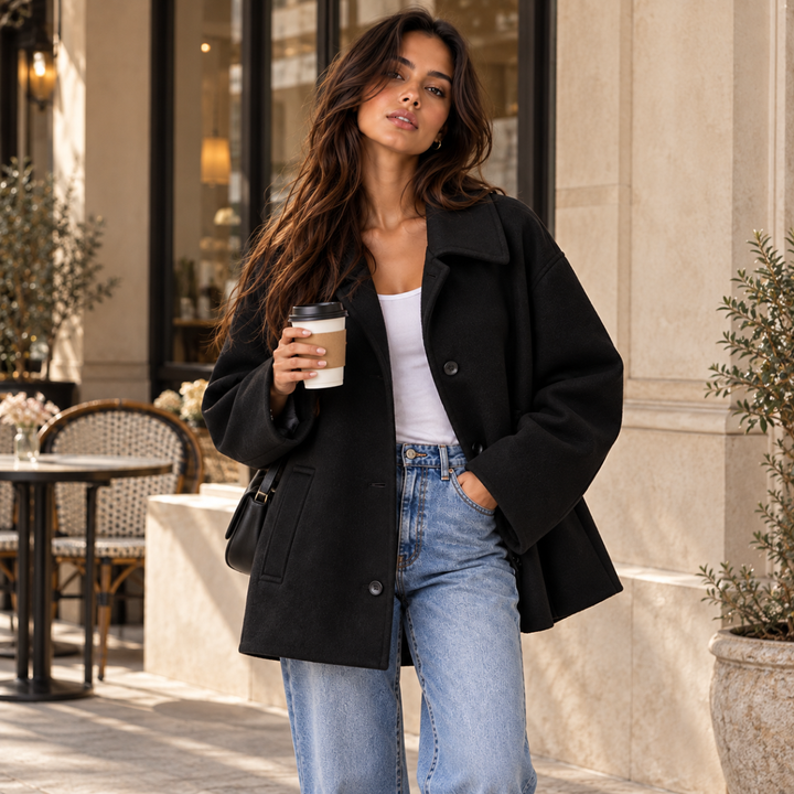 Women's Oversized Wool Blend Jacket – Casual Button Front Short Coat